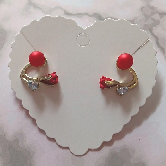 Elegant Red Rose & Faux Pearl Rhinestone Earrings New! - Picture 1 of 9